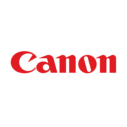 Canon-logotyp i rött med stiliserat och sammanhängande typsnitt.